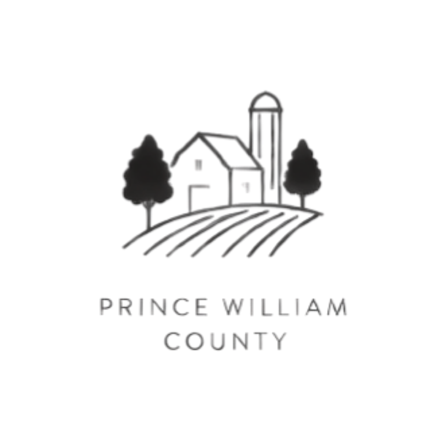 Logo of Prince William County showing a farm scene with a barn, silo, trees, and fields.