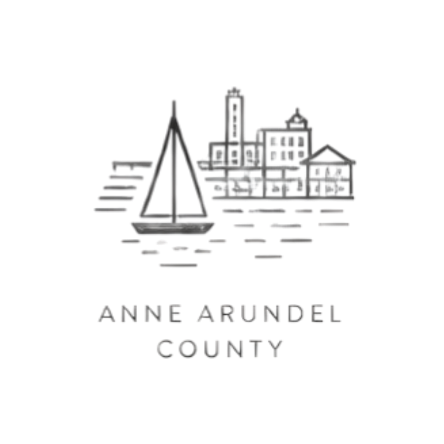 Outline illustration of a sailboat, a building with a dome, and a cityscape, with the text "Anne Arundel County" below.