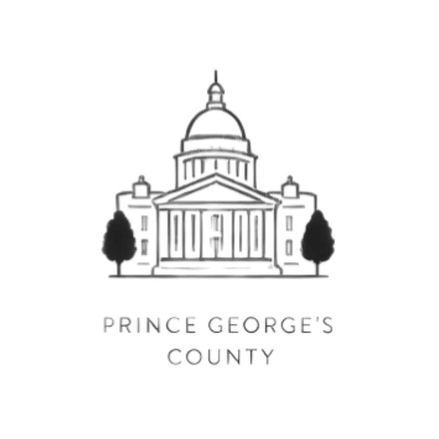 Outline of a government building with a dome and columns, flanked by two trees. Text below reads 'Prince George's County'.