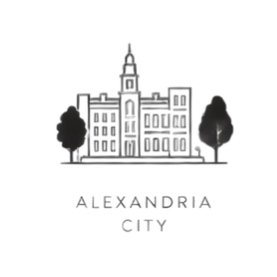 Line art of a building with a clock tower, flanked by two trees, with the text "Alexandria City" underneath.