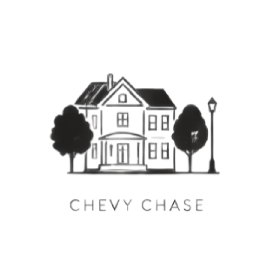 Illustration of a house with trees and a streetlamp, with the text 'Chevy Chase' below.
