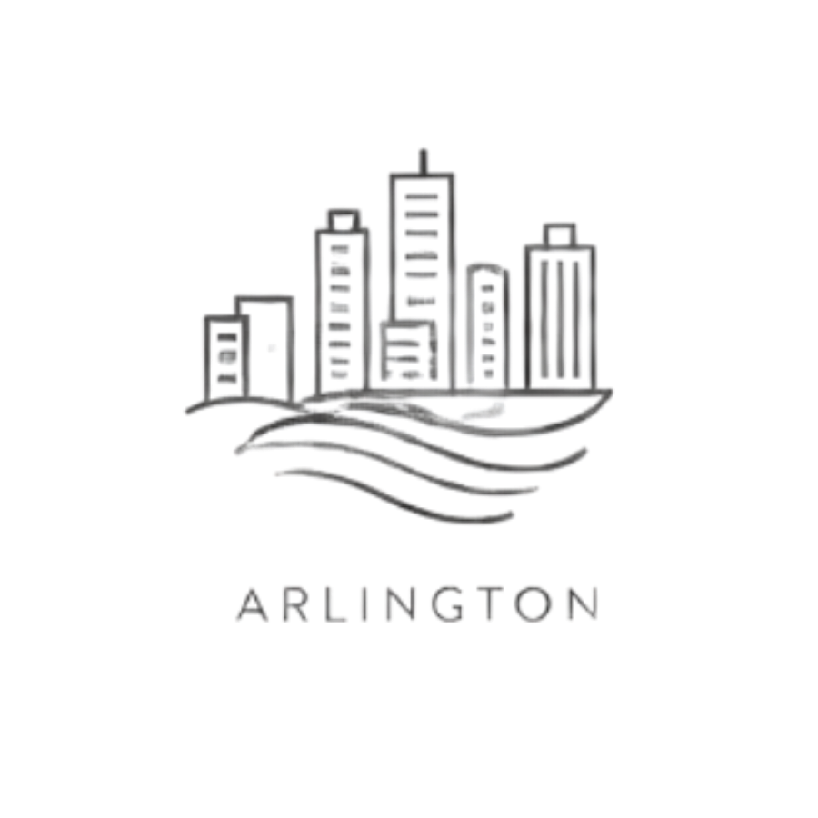 Logo of Arlington featuring a stylized city skyline above wavy lines and the word 'Arlington' underneath.