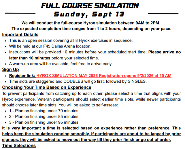 Schedule for a full-course Hyrox simulation on September 13, detailing the timing, registration, and experience guidelines.