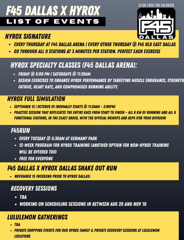 A list of upcoming events for F45 Dallas X Hyrox, including classes, training, and recovery sessions, with details and schedule.
