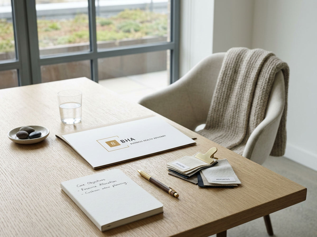A wooden desk with a glass of water, a brochure labeled 'BHA Business & Health Advisory', a notepad with handwritten notes, a pen, color swatches, and a small bowl with stones. A beige armchair with a knitted throw blanket is next to the desk near a window.