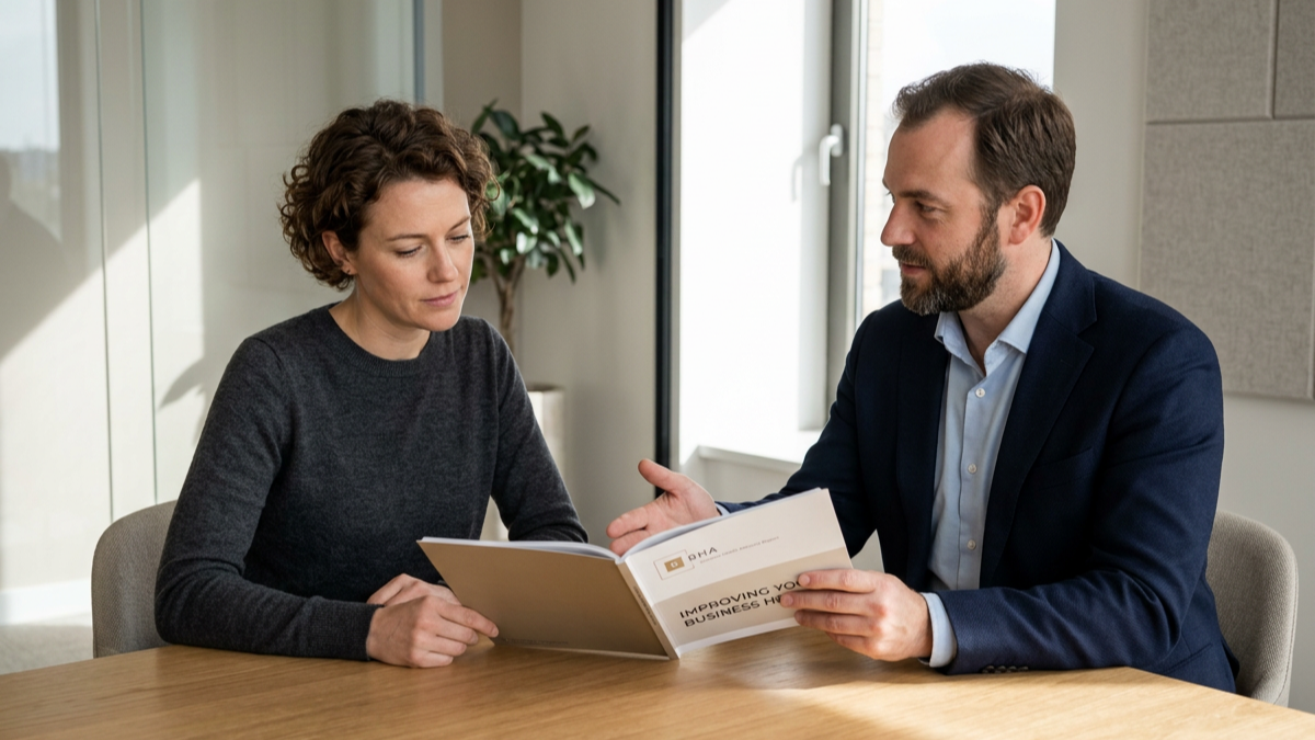 A man and woman sitting at a table looking at a booklet during a discussion in a modern office.