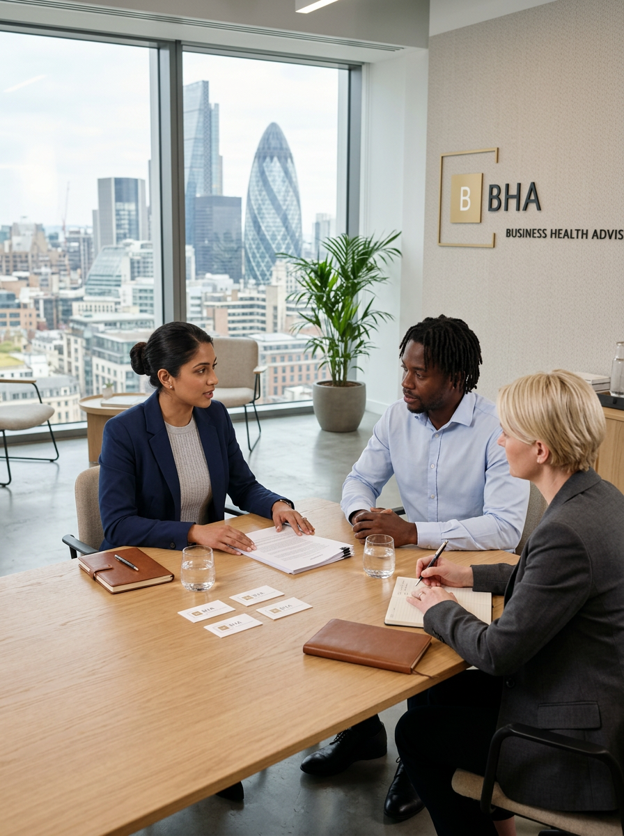 Three professionals having a business meeting in a modern office with a city skyline view, including the Gherkin building, in the background.