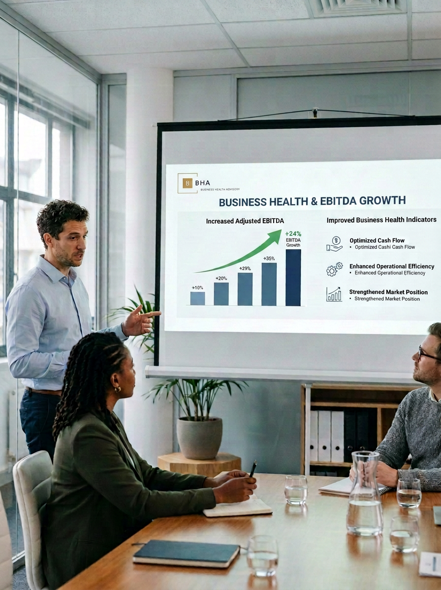 Business presentation on business health and EBITDA growth with a male presenter pointing at a slide showing a growth chart, three people seated at a conference table listening.