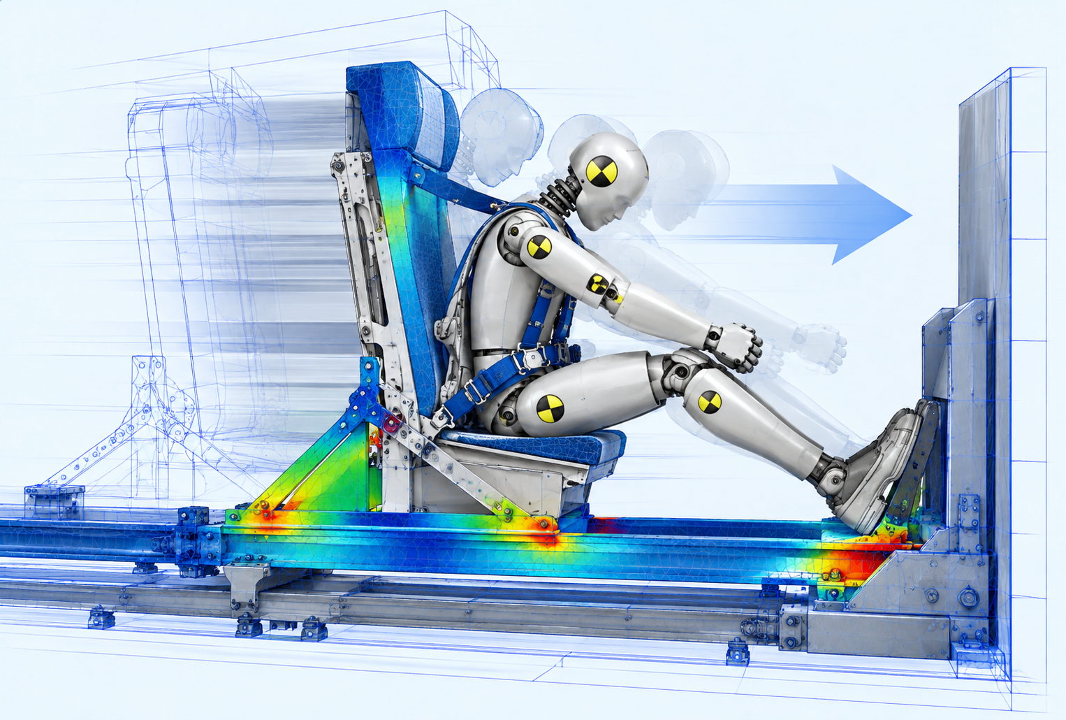 Computer-generated dynamic seat test simulation showing a restrained crash test dummy leaning forward, with colored structural stress analysis and a forward impact arrow.