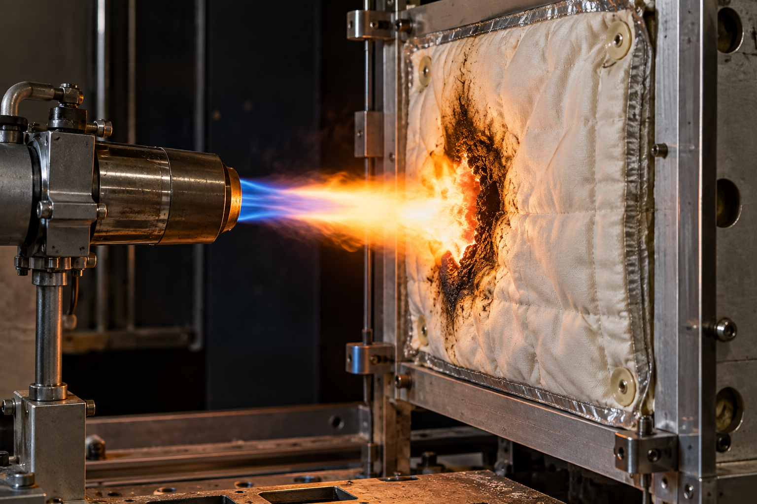 Industrial burner directing a concentrated blue and orange flame onto a white aircraft insulation panel, creating a charred area during burnthrough testing.