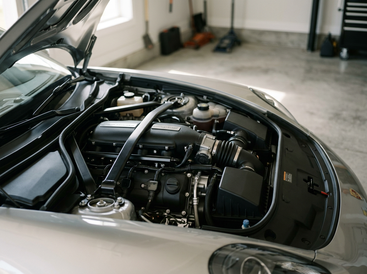 Close-up of car engine in a garage.