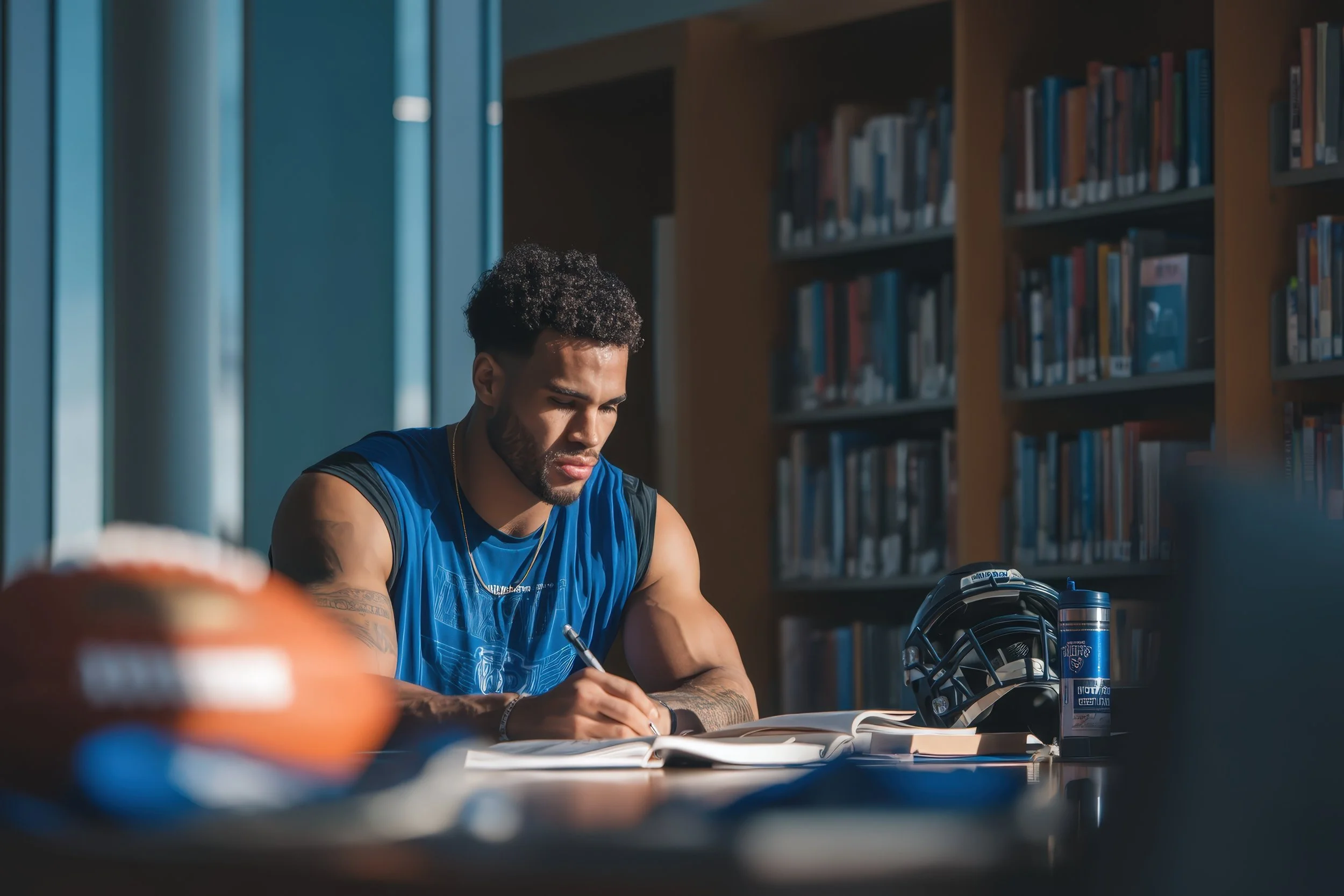 Student-athlete studying in a library with sport equipment nearby, balancing academics and competitive sport.