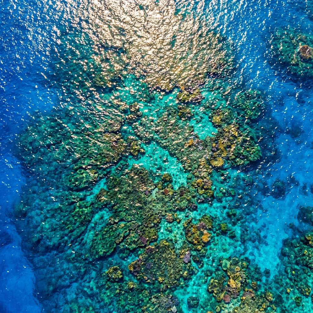 Aerial view of a vibrant coral reef in the ocean with clear blue water surrounding it.