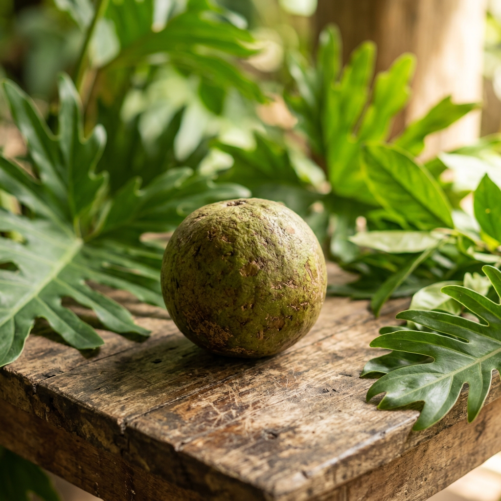 A green, ripe papaya resting on a rustic wooden surface, surrounded by lush green tropical leaves.