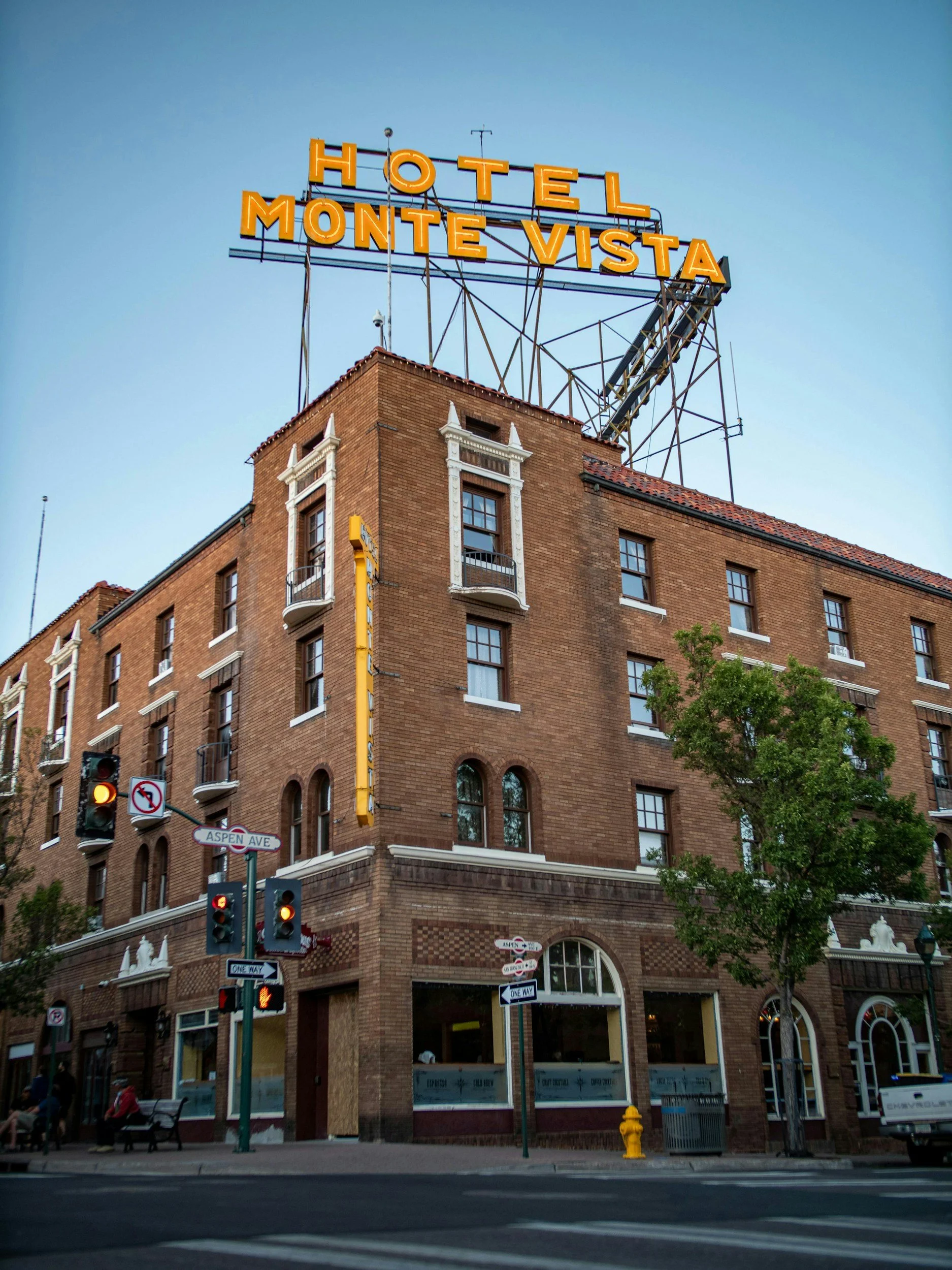 Hotel Monte Vista sign in Flagstaff Arizona, addiction therapy available to Flagstaff residents via telehealth