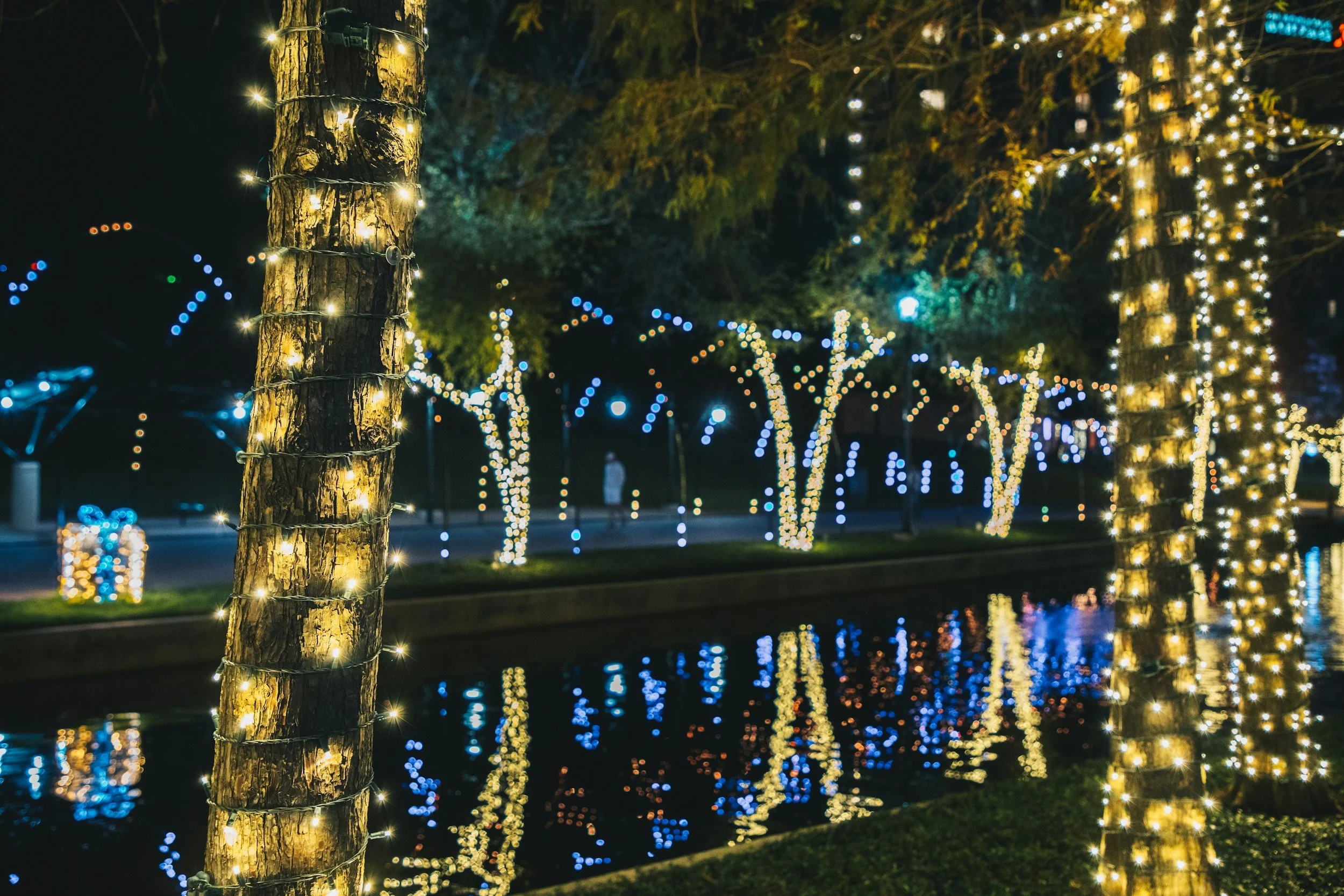The Woodlands Waterway at night in The Woodlands Texas, therapy for men available to The Woodlands residents via telehealth