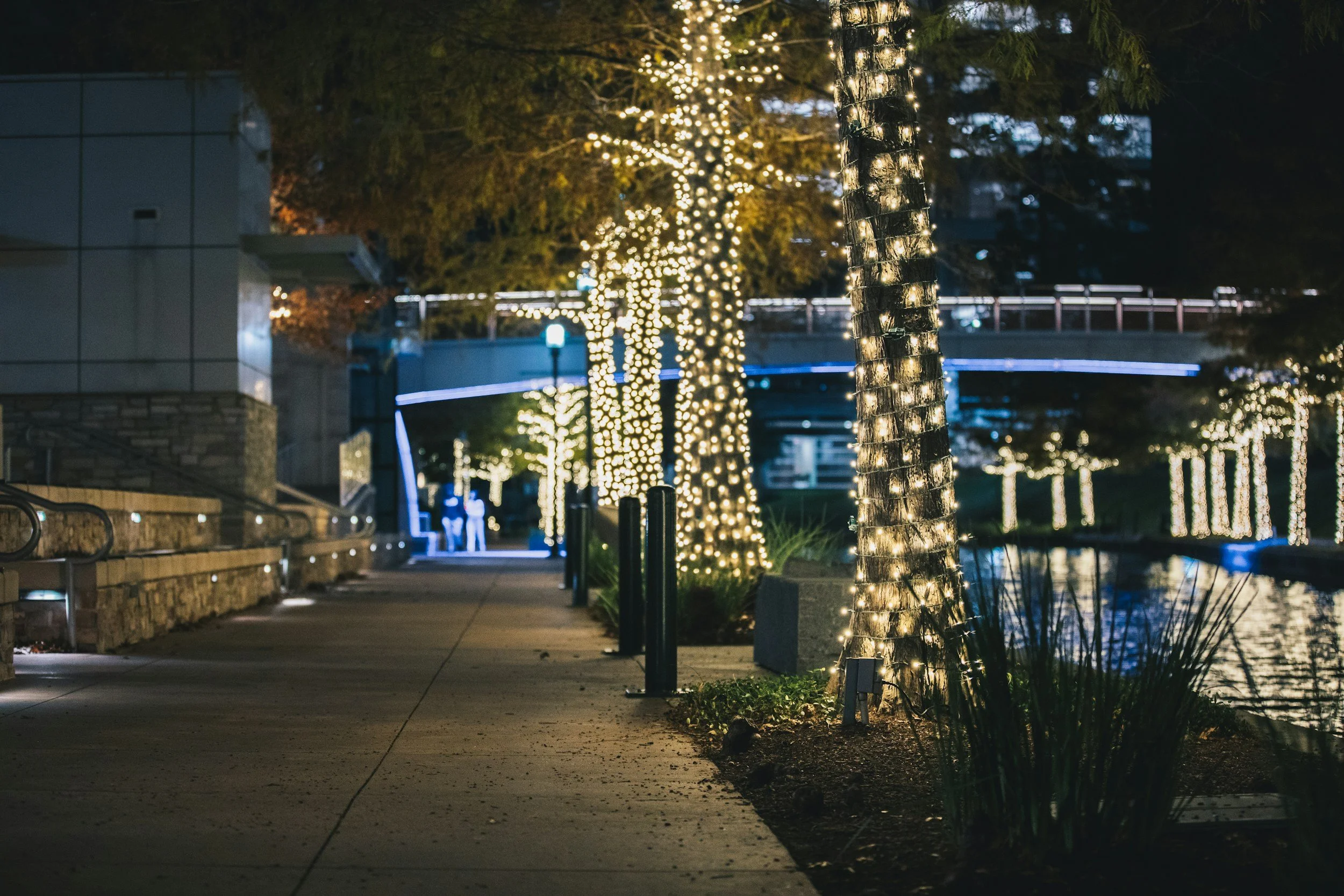 The Woodlands Waterway at night with lit trees along the sidewalk, intensive therapy available to The Woodlands residents via telehealth