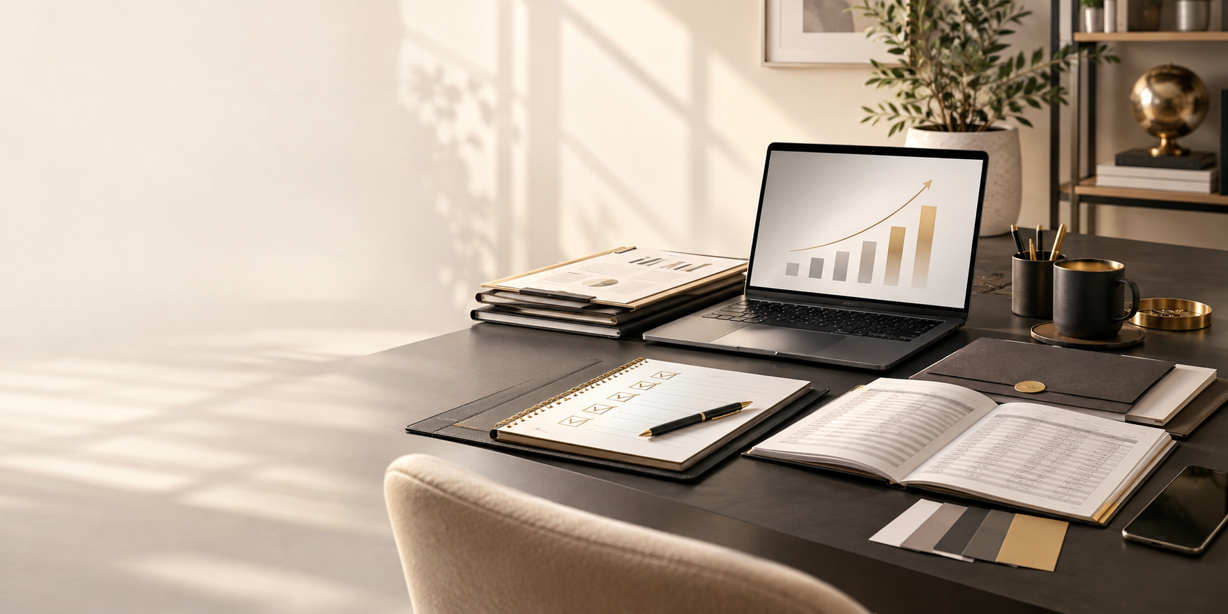 Organized small-business workspace with bookkeeping records, planning materials, and a laptop showing business growth.