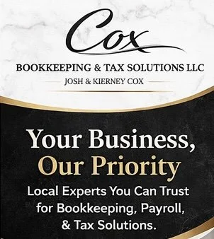 Cox Bookkeeping & Tax Solutions graphic promoting trusted local bookkeeping, payroll, and tax services.