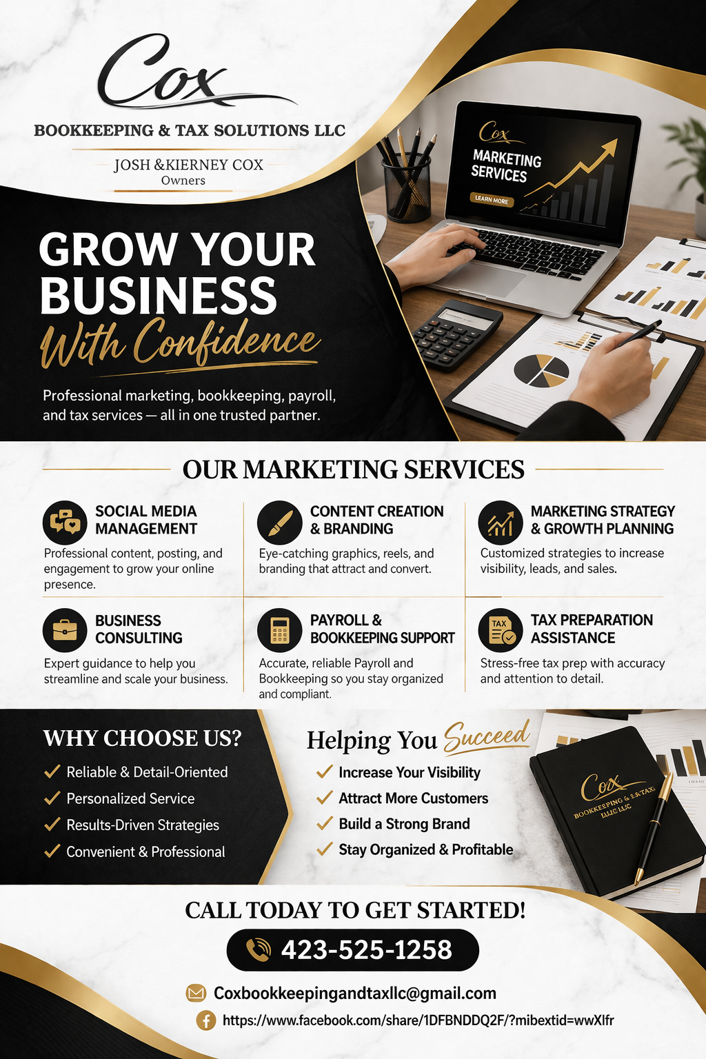 Cox Bookkeeping & Tax Solutions marketing-services flyer encouraging businesses to grow with confidence.