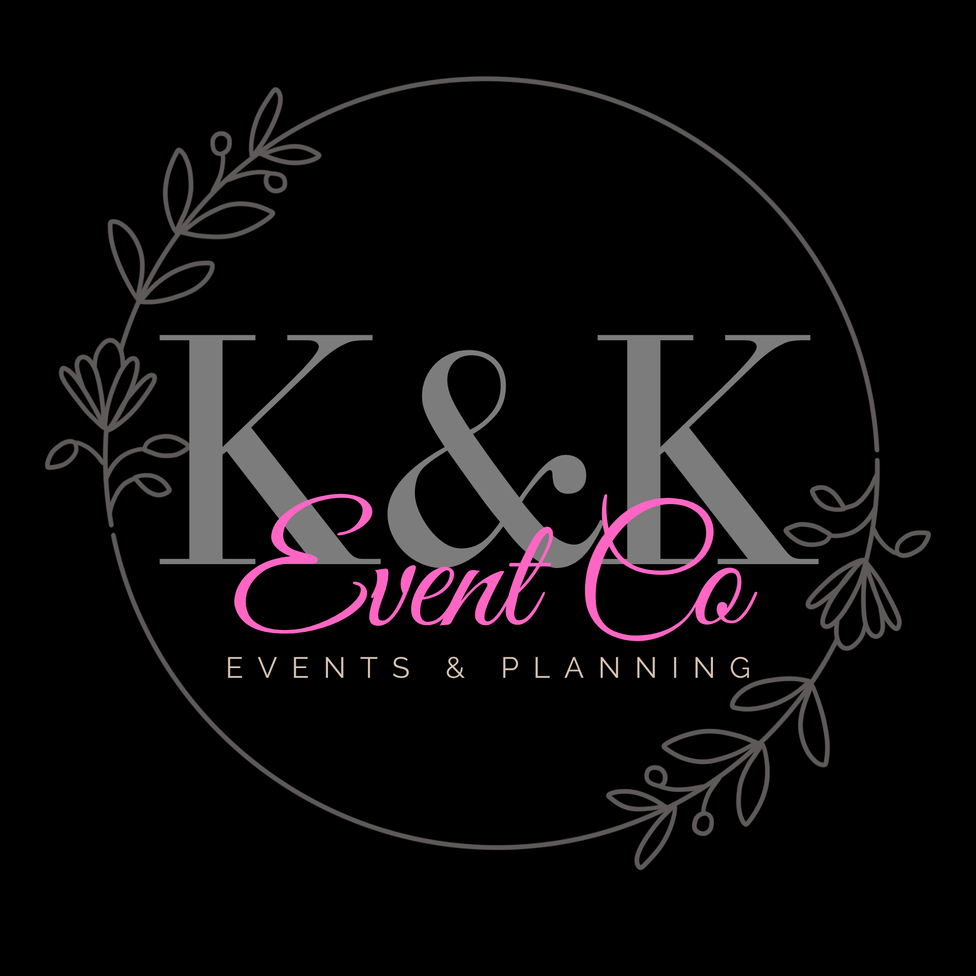 Black, gray, and pink K&K Event Co. events and planning logo.