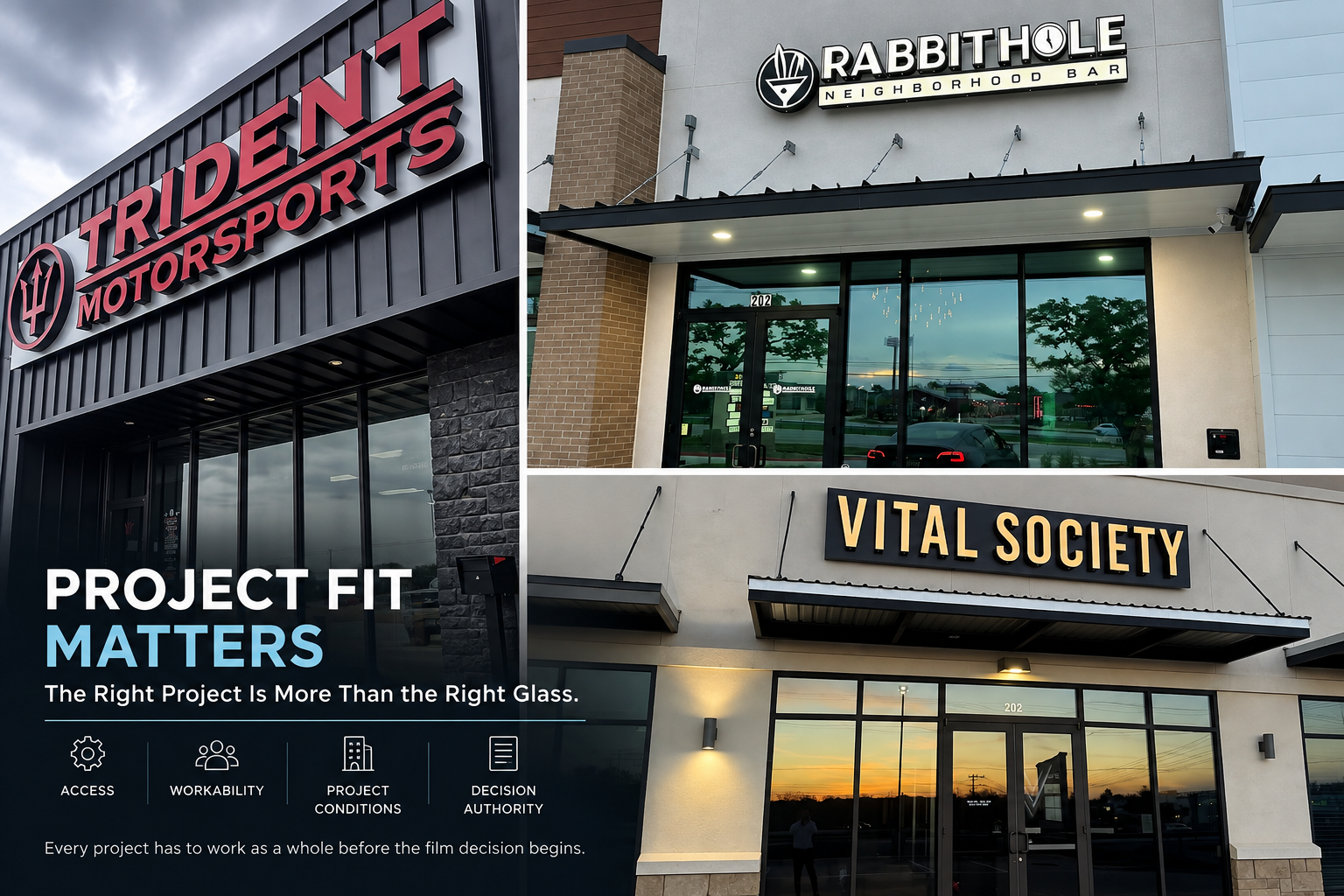 Three commercial properties with architectural glass illustrating different project conditions considered when evaluating project fit.