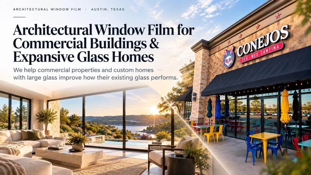 Commercial building and custom home with expansive architectural glass shown side by side.