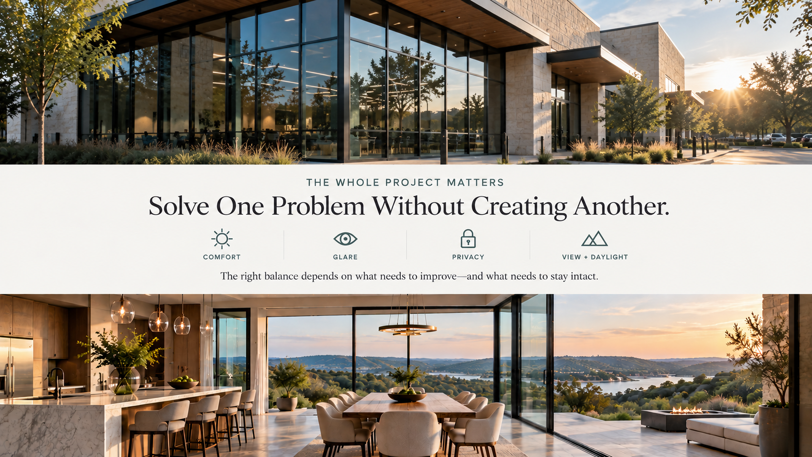 Commercial building exterior and custom architectural home with expansive glass illustrating whole-project performance and preservation needs.