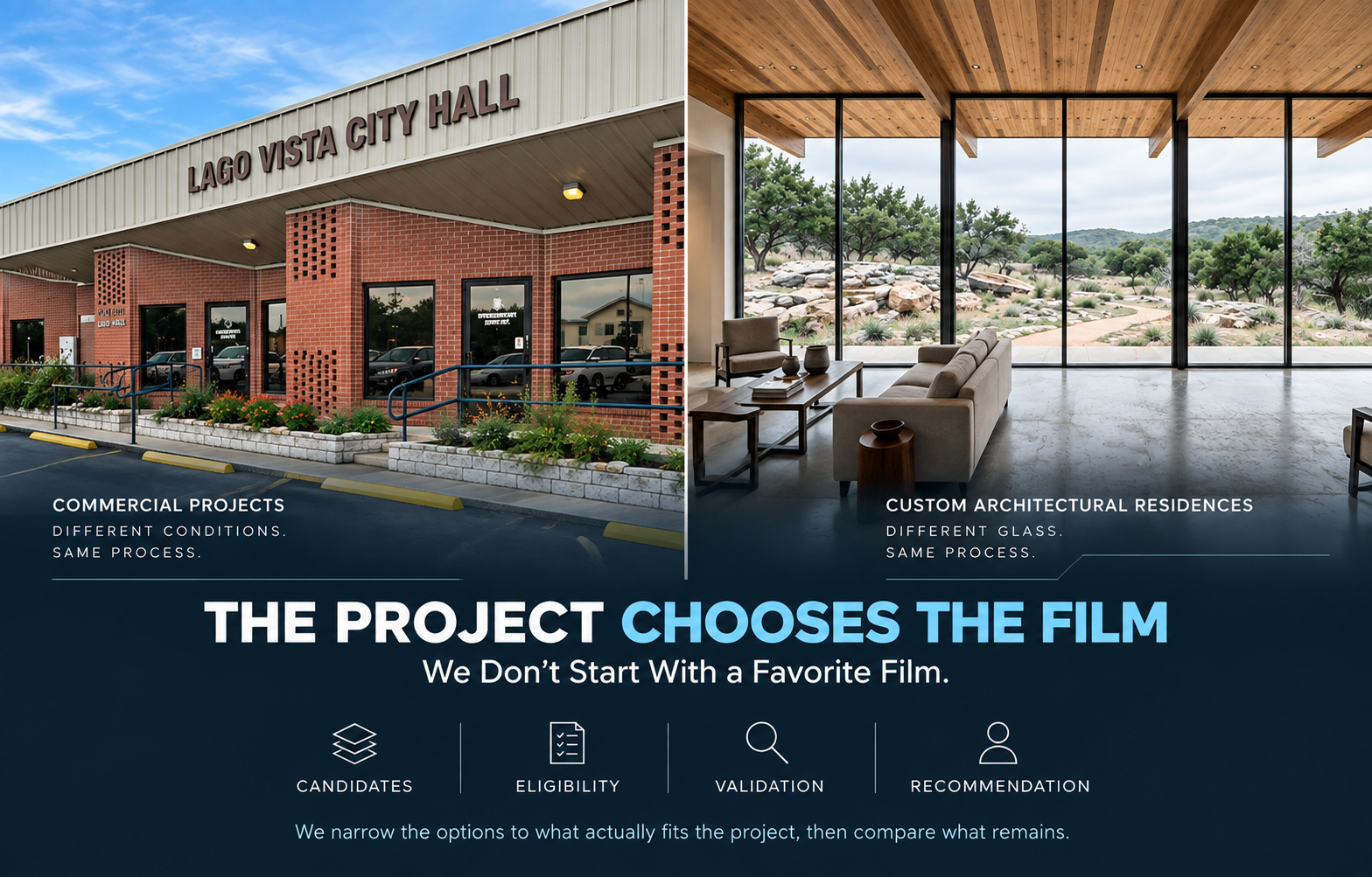 Commercial building and custom architectural residence with expansive glass illustrating iTint ATX's project-based window film evaluation and selection process.