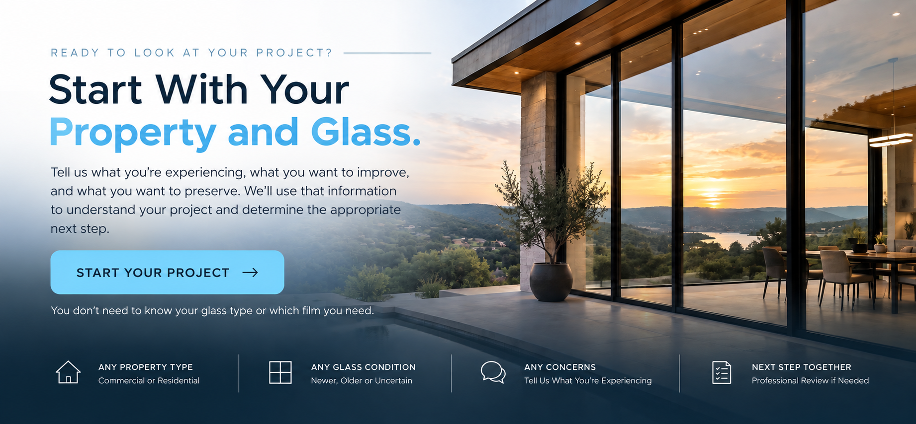 Custom architectural residence with expansive glass introducing the iTint ATX project intake and consultation process.