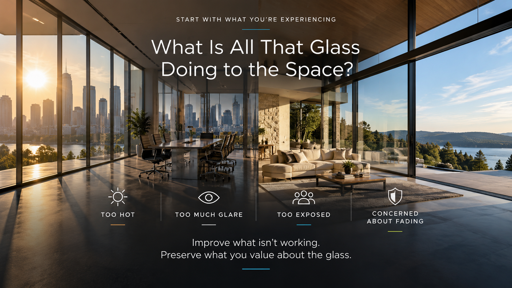 Commercial building and custom home with expansive architectural glass illustrating heat, glare, daytime privacy, and fading concerns.