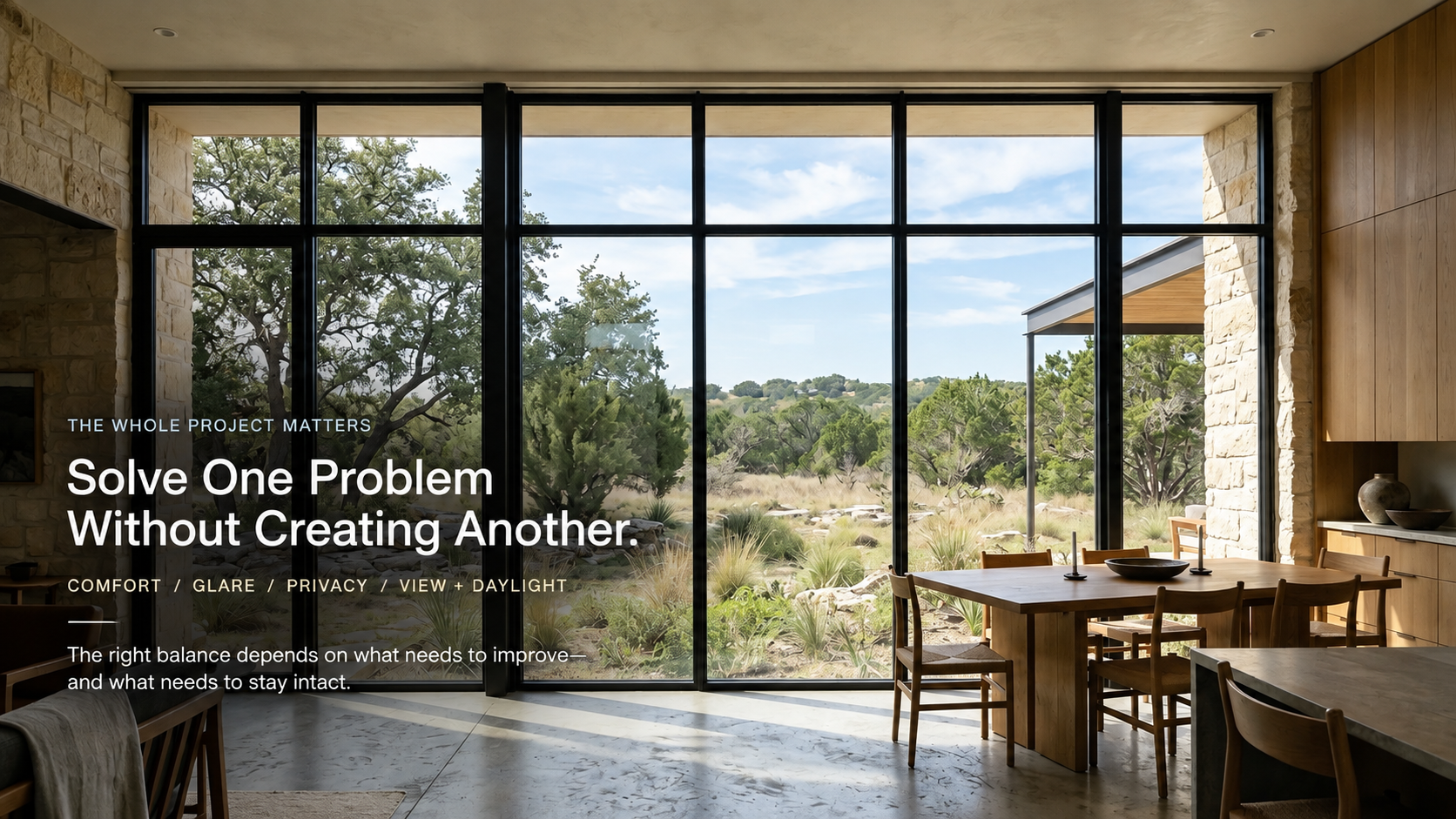 Custom Texas Hill Country home with expansive architectural glass illustrating the balance between comfort, daylight, privacy, and preserving views.