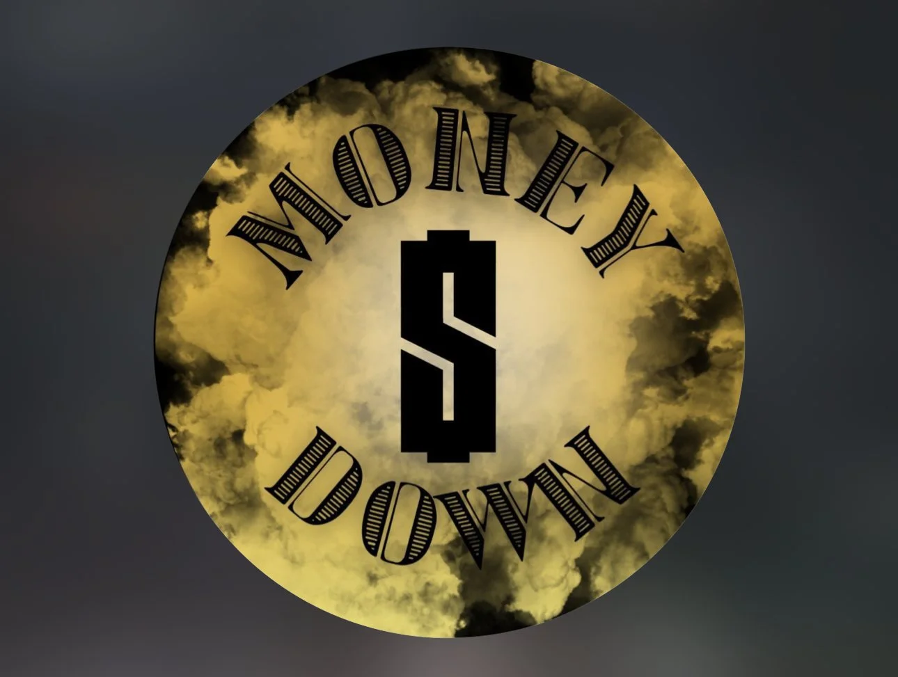 Logo with the words "Money Never Sleeps" written in a circle around a stylized dollar sign, set against a background of dark clouds.