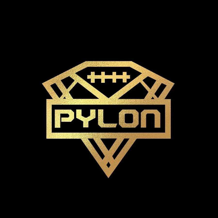Gold logo with the word 'PYLON' inside a stylized geometric diamond shape against a black background.