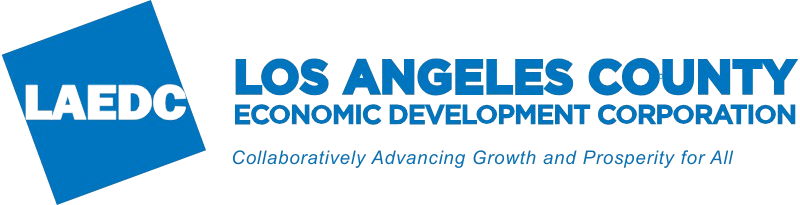 LAEDC Los Angeles County Economic Development Corporation logo with blue and black text and a tilted blue square.