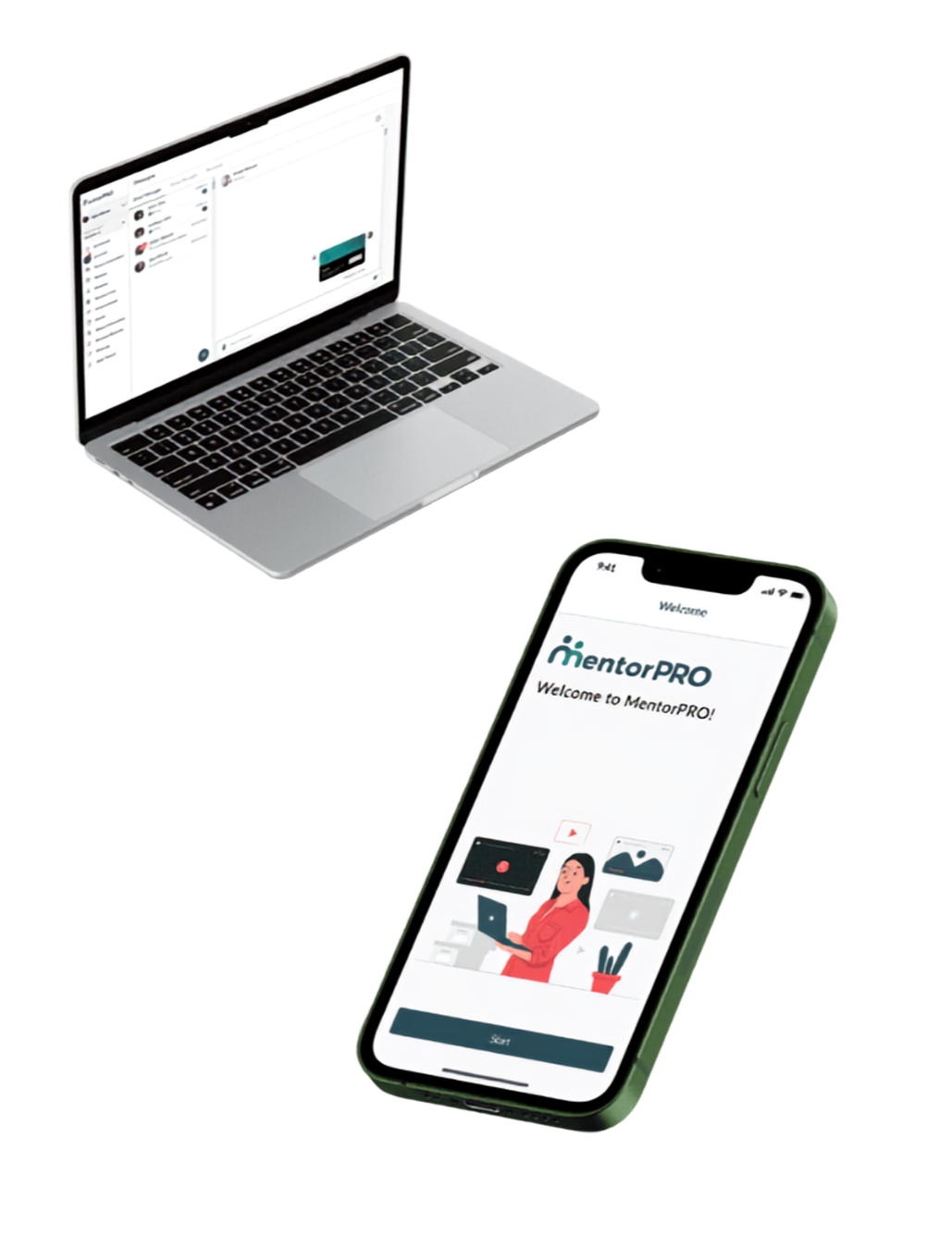 Open laptop with a messaging app open on the screen and a smartphone displaying the MentorPRO app welcome page.
