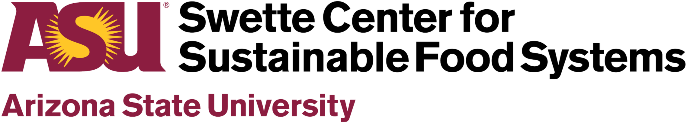 Logo of the Arizona State University Swette Center for Sustainable Food Systems featuring stylized letters ASU with a yellow sun graphic, followed by the center's name and Arizona State University in black and maroon text.