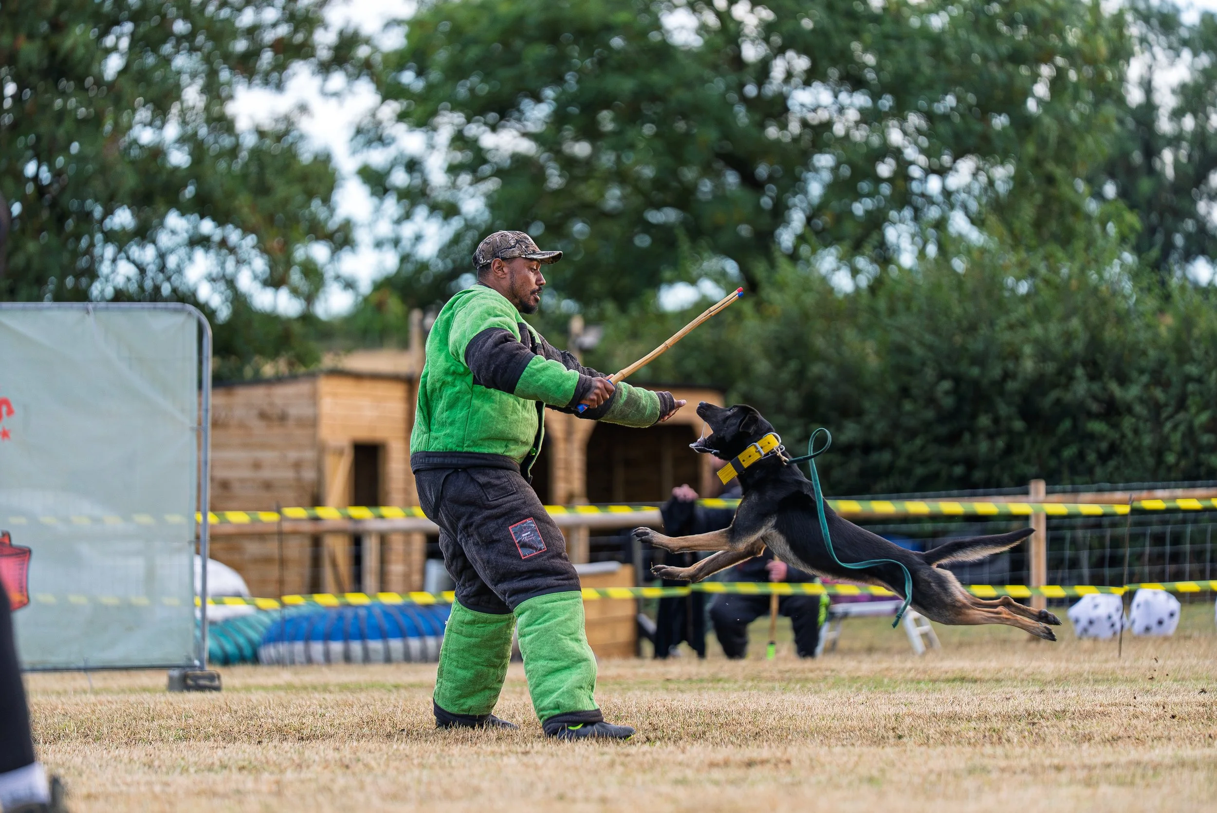 A man in a green and black protective suit is training a black and tan German Shepherd dog in an outdoor agility or training event.
