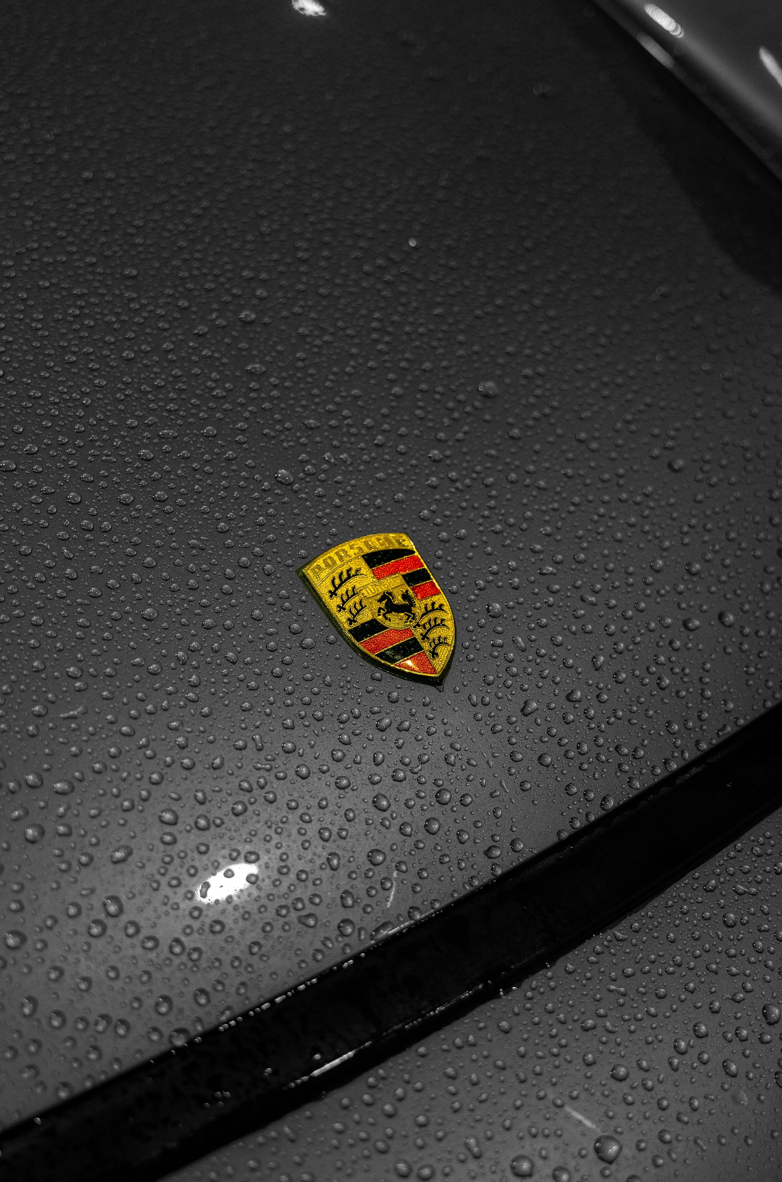 Close-up automotive photograph of a Porsche hood in black and white with colored emblem covered in water droplets. 