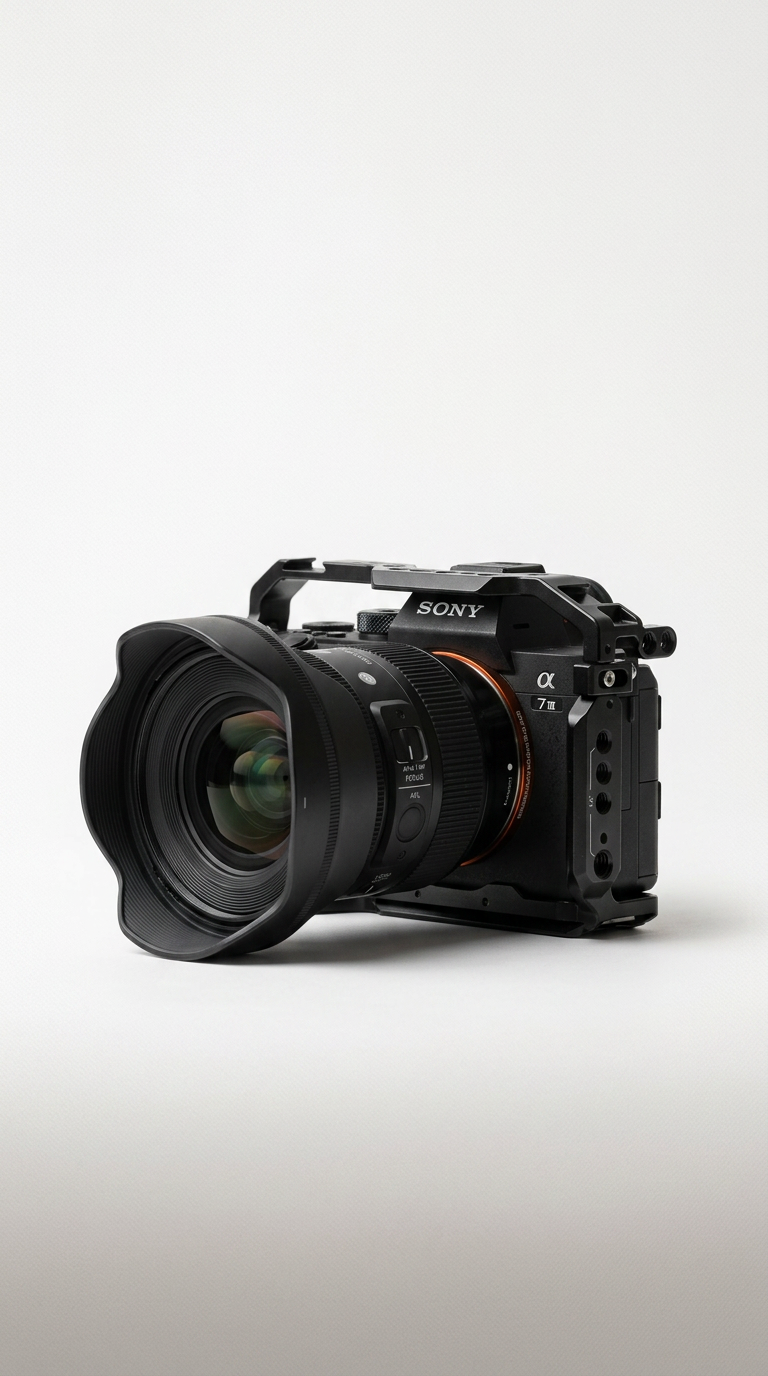 Sony mirrorless camera with professional zoom lens used for photo and video production.