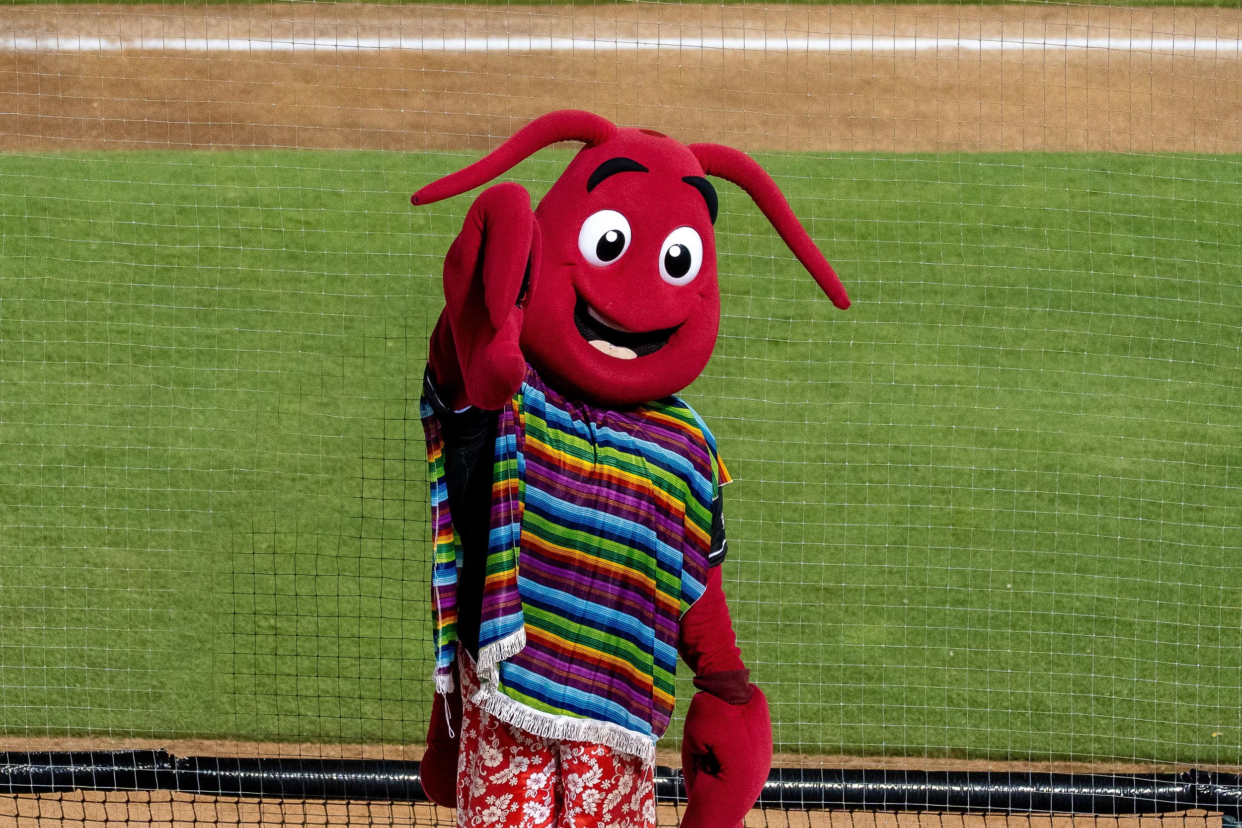 Costumed character of a red, cartoonish creature with long ears, large eyes, and a smiling face, wearing a colorful striped towel and red swim trunks with white floral patterns, standing on a grassy sports field with a net behind.