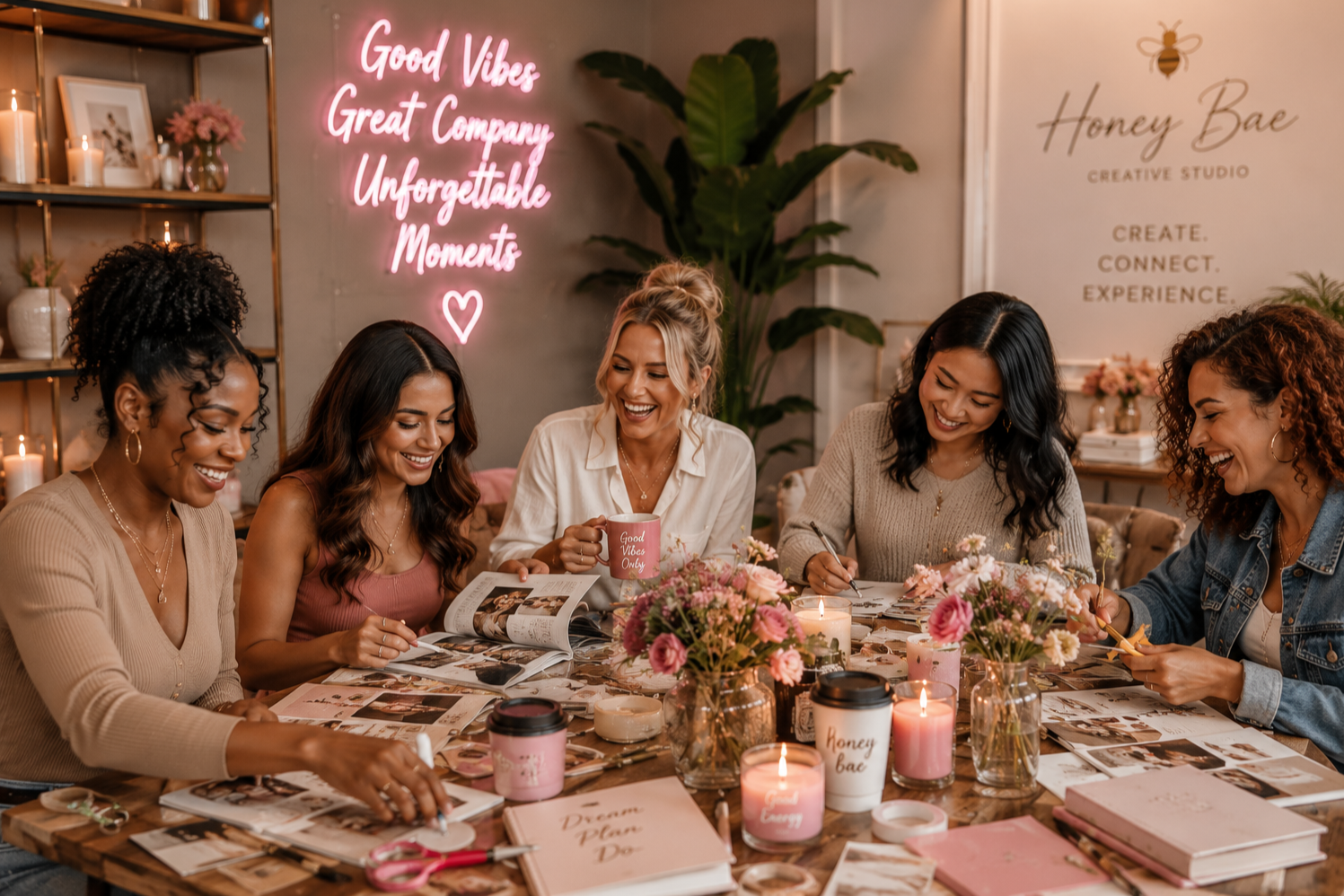 Women enjoying a creative gathering with candles and flowers at Honey Bae Creative Studio.