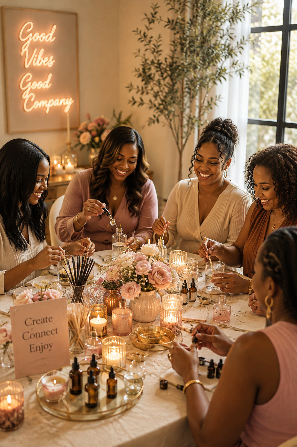 Women creating with candles, flowers, and essential oils at a Honey Bae Creative Studio event.