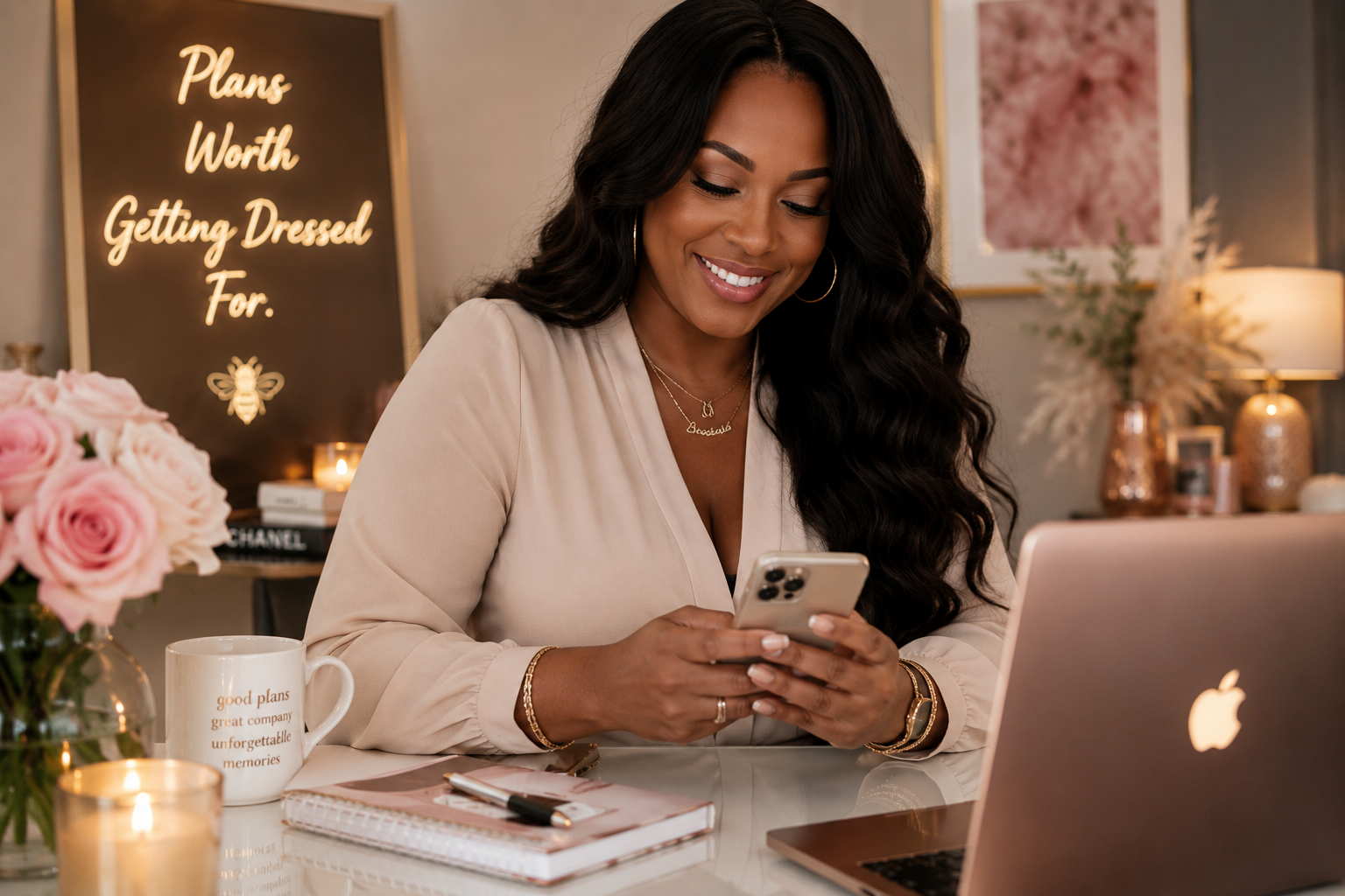 Honey Bae Creative Studio founder working at a desk with a laptop and creative materials.