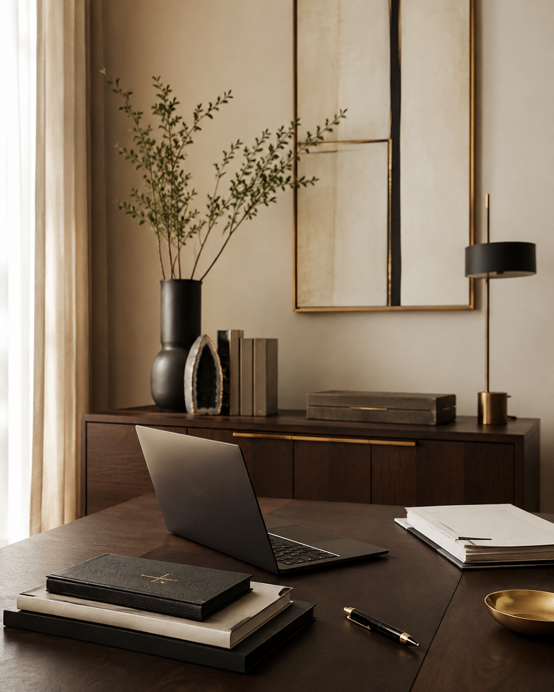 Warm executive workspace with laptop, organized documents, dark wood desk, and neutral office decor.