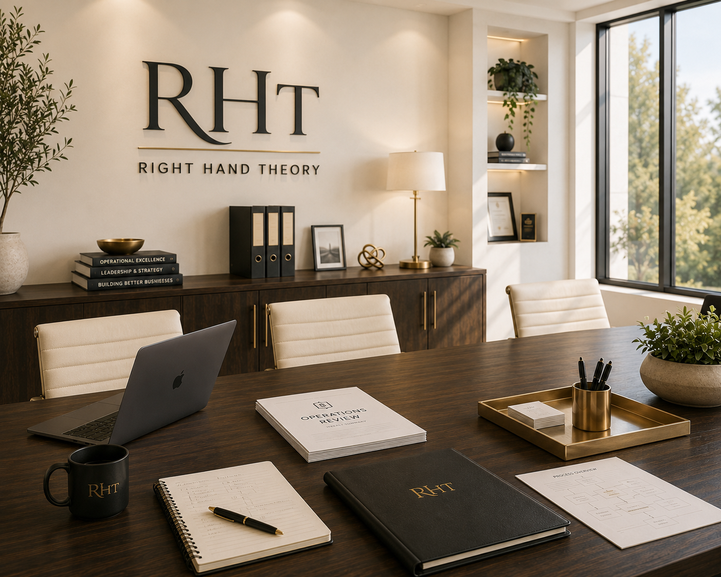 Bright executive conference room with Right Hand Theory branding, operations documents, laptop, and meeting table.
