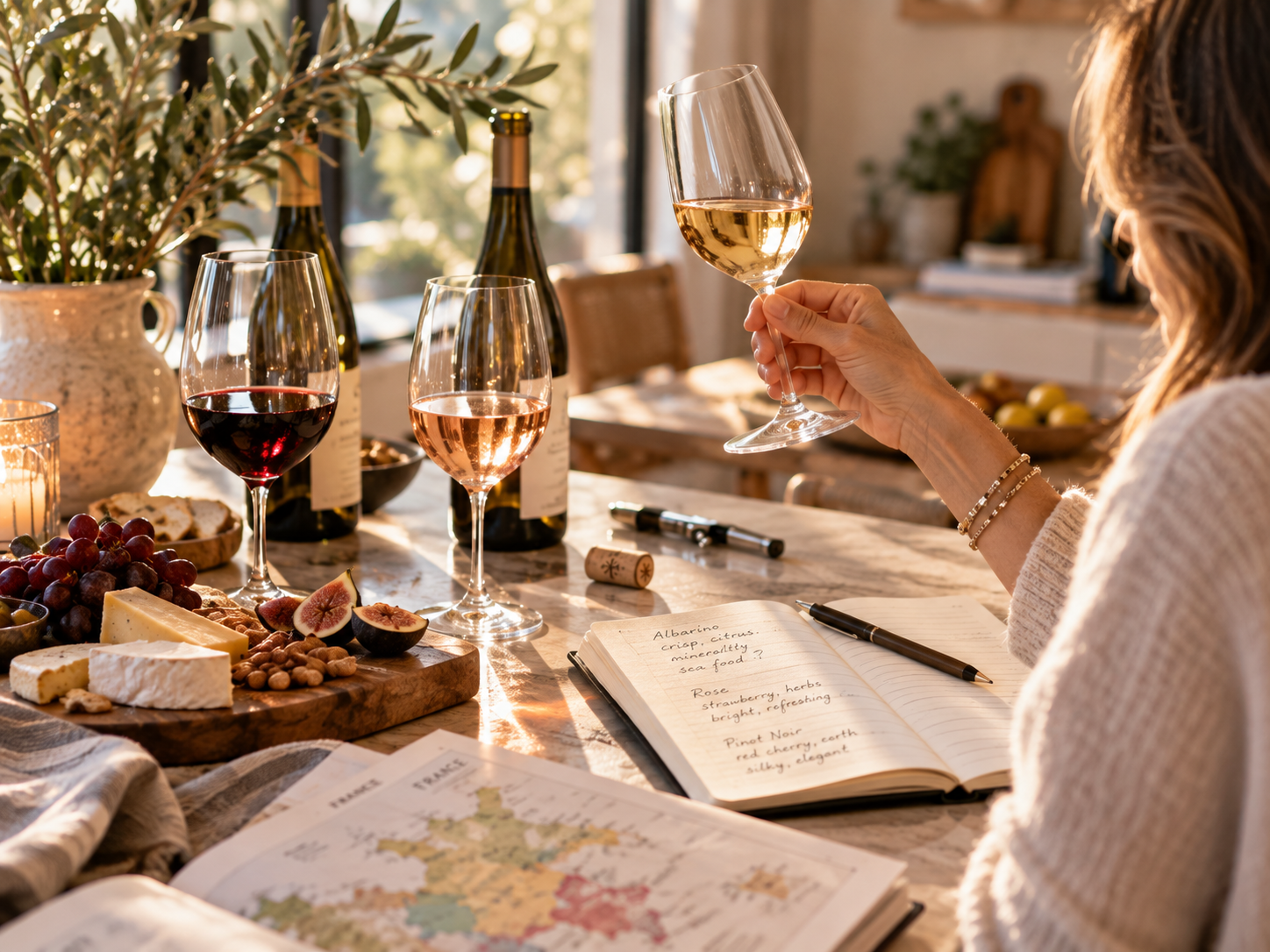 Woman enjoying white wine at a table set for a guided wine tasting.