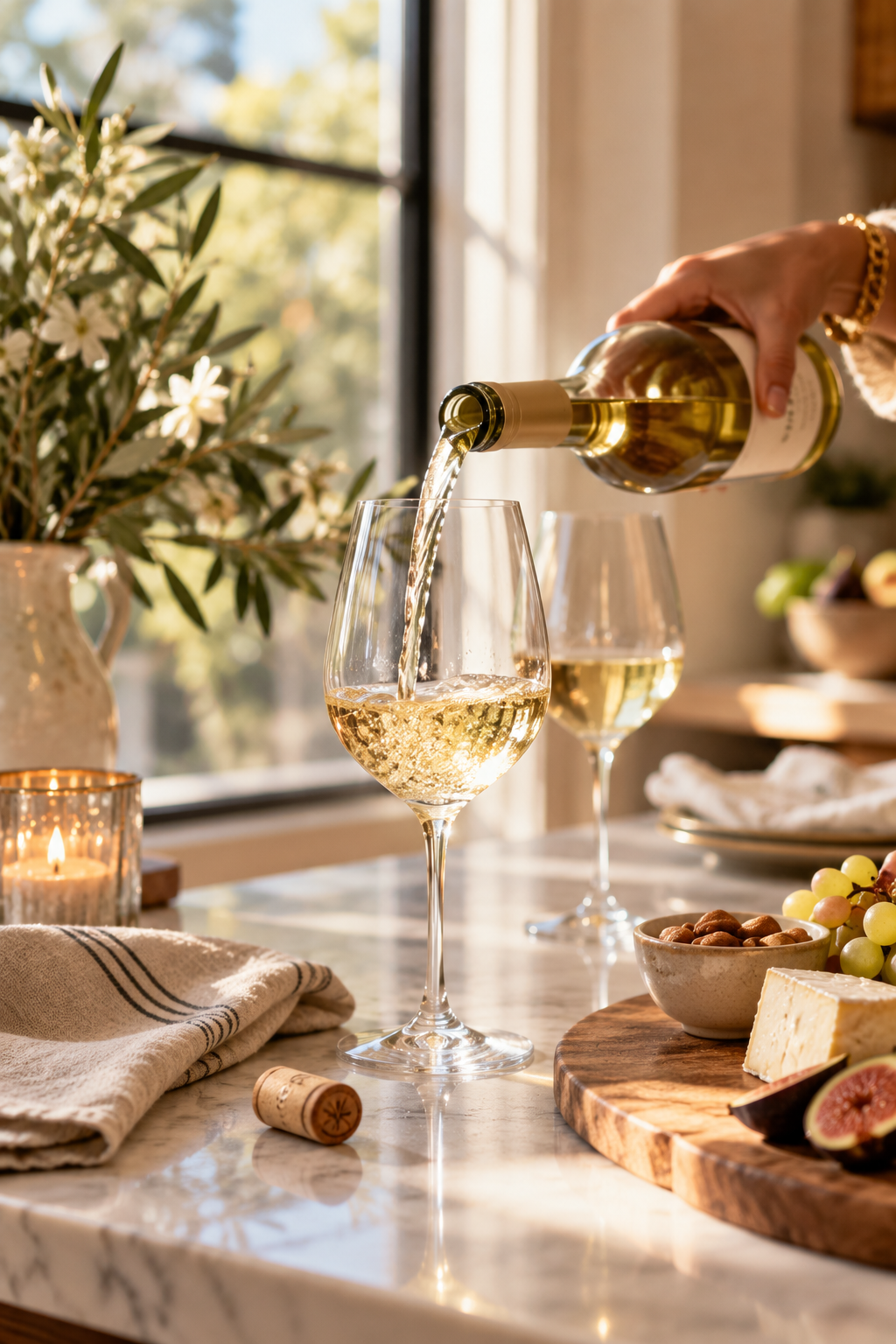 White wine being poured at a table set with cheese and wine pairings.