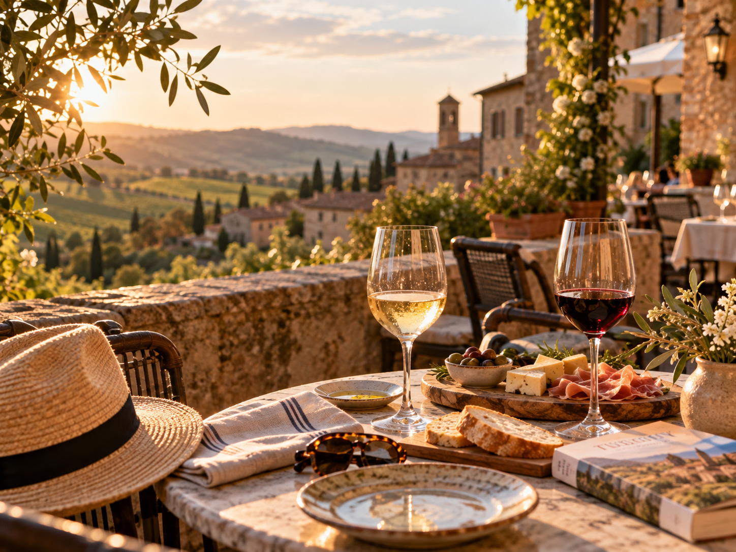 Wine and charcuterie set on a terrace overlooking the Italian countryside at sunset.