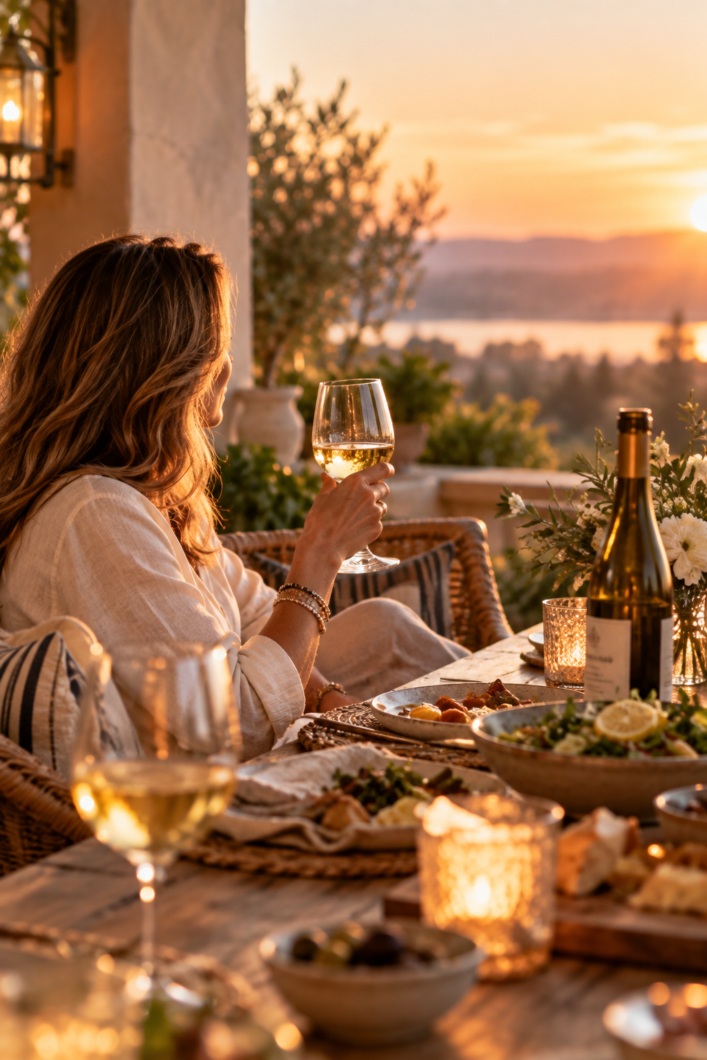 Woman enjoying a glass of white wine at an outdoor dinner at sunset.